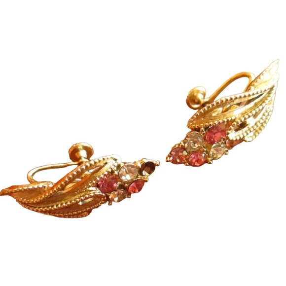 Vintage Coro Gold Tone Screw Back Earrings With Pink & Clear Rhinestones - Picture 1 of 6